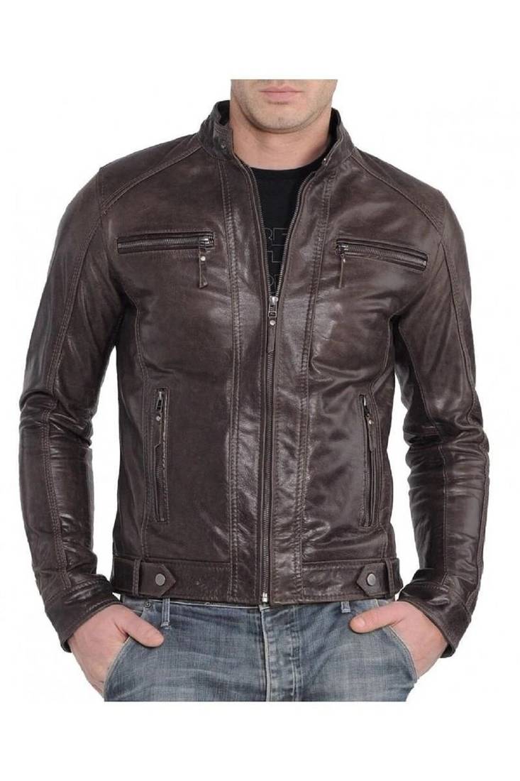 Men's biker brown lambskin leather racer jacket everyday wear