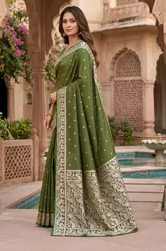 Green soft silk blend saree with zari weaving meenakari design