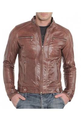 Men's dark tan real lambskin leather racer jacket vintage style 1