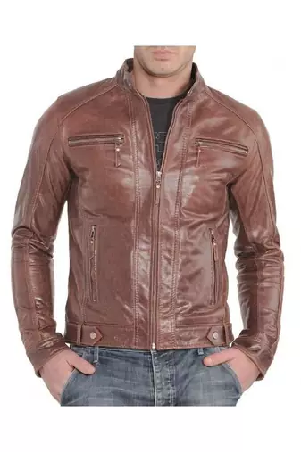 Men's dark tan real lambskin leather racer jacket vintage style