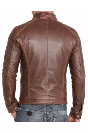 Men's dark tan real lambskin leather racer jacket vintage style