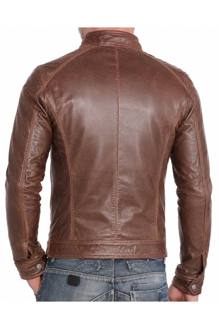 Men's dark tan real lambskin leather racer jacket vintage style