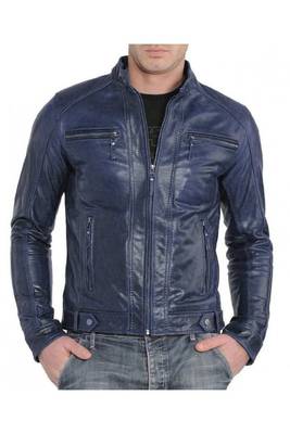 Men's navy blue lambskin leather racer jacket modern fit 1