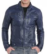 Men's navy blue lambskin leather racer jacket modern fit