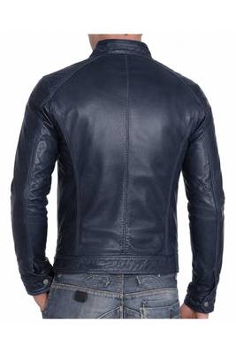 Men's navy blue lambskin leather racer jacket modern fit 2