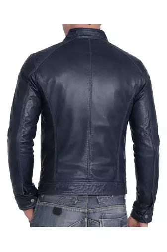 Men's navy blue lambskin leather racer jacket modern fit