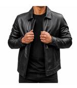 Men's black real lambskin leather racer jacket handcrafted