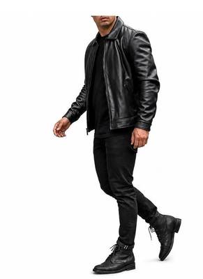 Men's black real lambskin leather racer jacket handcrafted 2