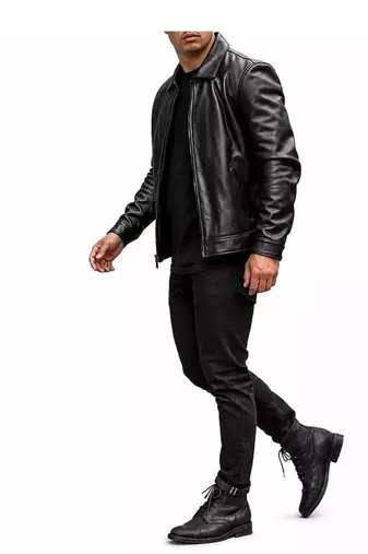 Men's black real lambskin leather racer jacket handcrafted