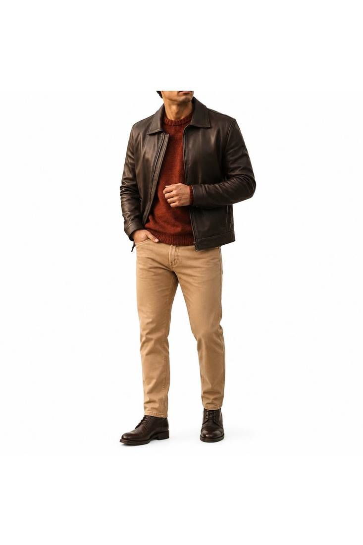 Men's brown lambskin leather jacket tailored look bikers