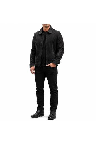 Men's black suede leather racer jacket casual street style