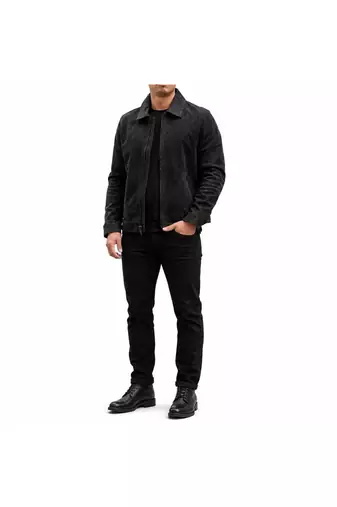 Men's black suede leather racer jacket casual street style
