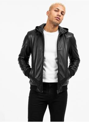 Men's black genuine  leather bomber jacket hoodies style 1