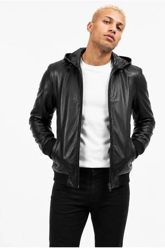 Men's black genuine  leather bomber jacket hoodies style