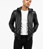 Men's black genuine  leather bomber jacket hoodies style