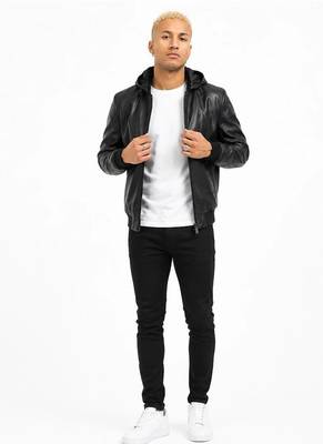 Men's black genuine  leather bomber jacket hoodies style 2