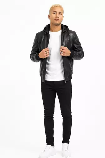 Men's black genuine  leather bomber jacket hoodies style