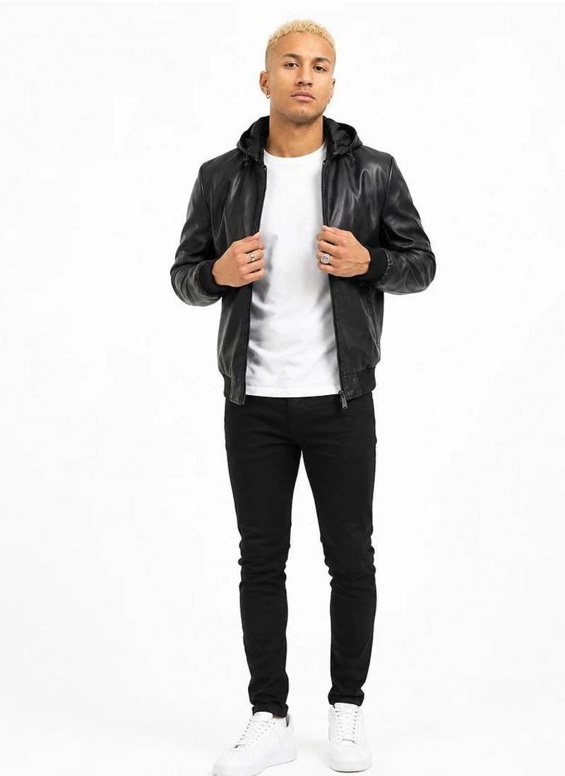 Men's black genuine  leather bomber jacket hoodies style