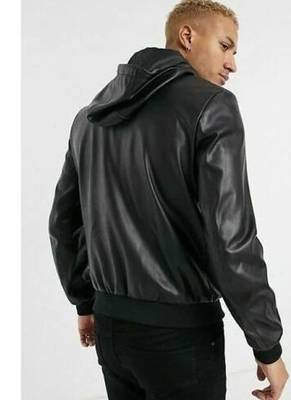 Men's black genuine  leather bomber jacket hoodies style 3