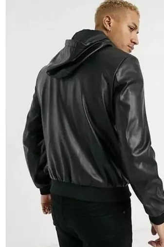 Men's black genuine  leather bomber jacket hoodies style