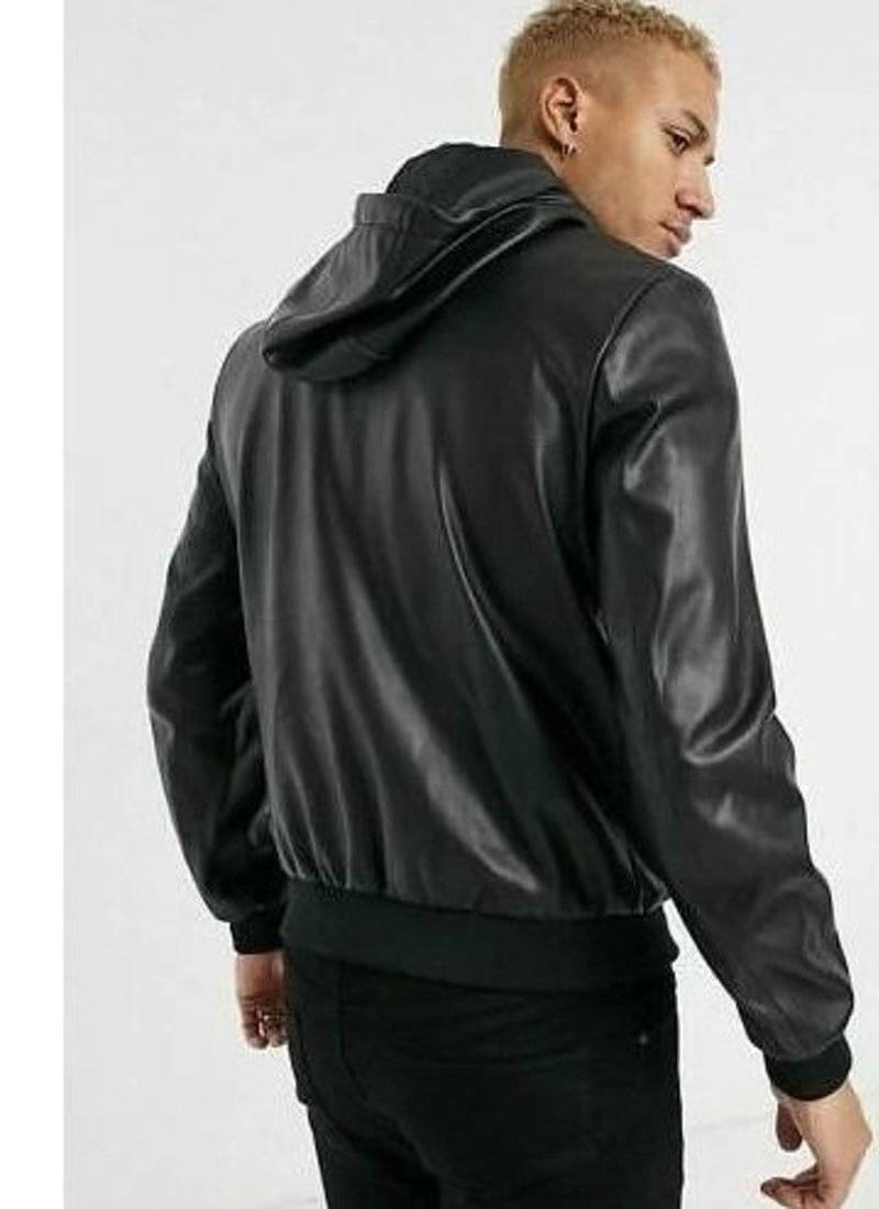 Men's black genuine  leather bomber jacket hoodies style