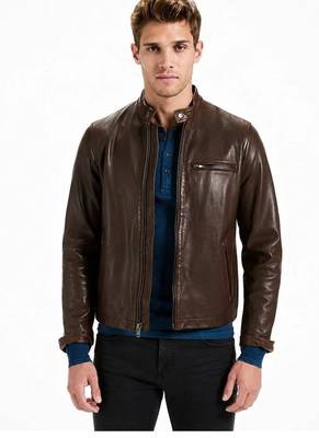 Men's brown lambskin leather racer jacket casual style coat 1