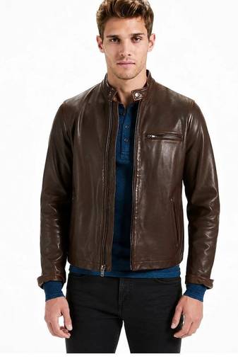Men's brown lambskin leather racer jacket casual style coat