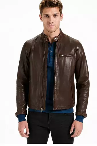 Men's brown lambskin leather racer jacket casual style coat