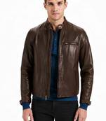 Men's brown lambskin leather racer jacket casual style coat