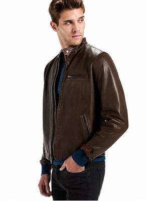 Men's brown lambskin leather racer jacket casual style coat 2