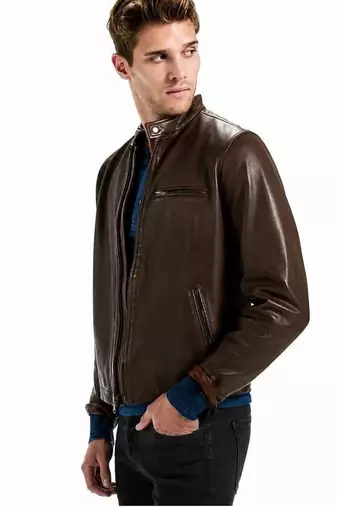 Men's brown lambskin leather racer jacket casual style coat
