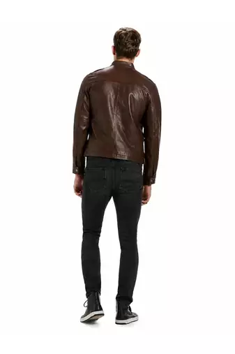 Men's brown lambskin leather racer jacket casual style coat