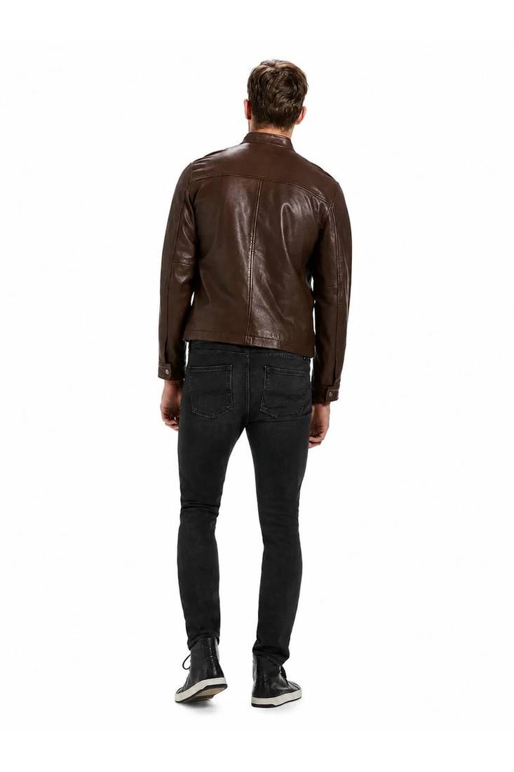 Men's brown lambskin leather racer jacket casual style coat