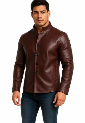 Men's burgundy leather jacket minimal button design coat 1