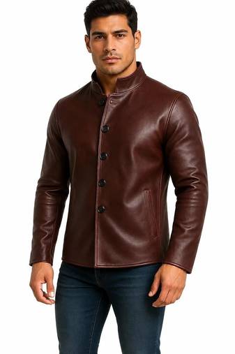 Men's burgundy leather jacket minimal button design coat