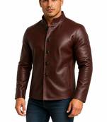 Men's burgundy leather jacket minimal button design coat