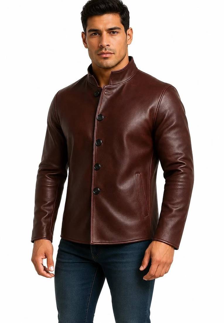 Men's burgundy leather jacket minimal button design coat