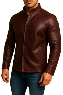 Men's burgundy leather jacket minimal button design coat 2
