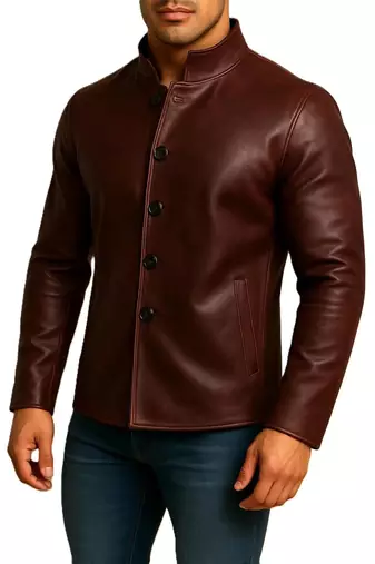 Men's burgundy leather jacket minimal button design coat