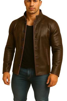 Men's brown leather jacket premium quality button coat 1