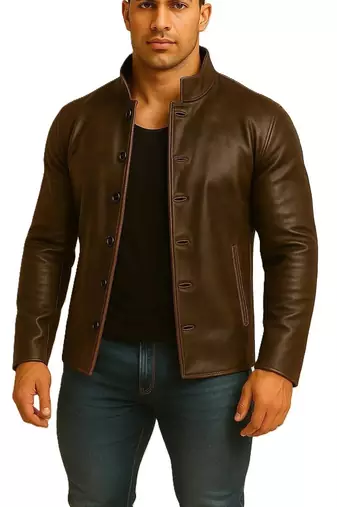 Men's brown leather jacket premium quality button coat