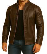 Men's brown leather jacket premium quality button coat