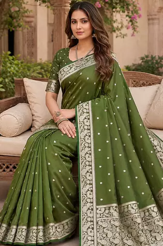Green soft silk blend saree with zari weaving meenakari design