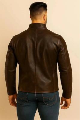 Men's brown leather jacket premium quality button coat 2