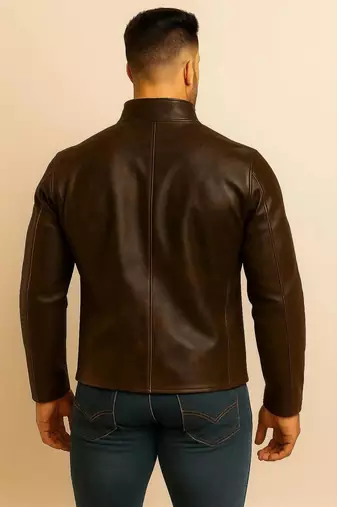 Men's brown leather jacket premium quality button coat