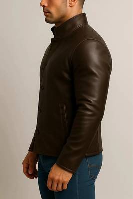 Men's brown leather jacket premium quality button coat 3