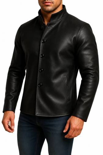 Men black lambskin leather jacket smart casual button coat