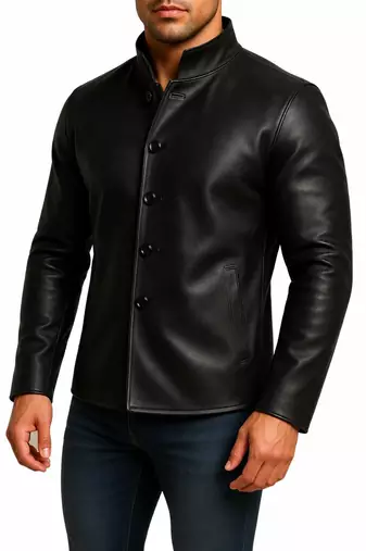 Men black lambskin leather jacket smart casual button coat