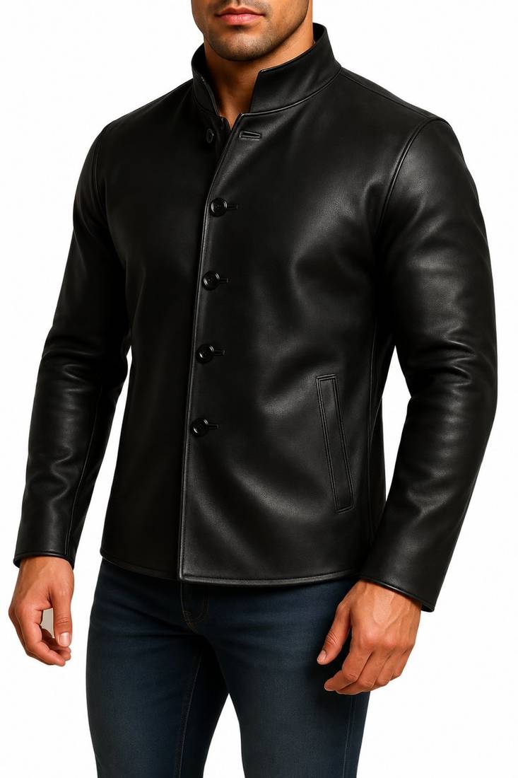 Men black lambskin leather jacket smart casual button coat