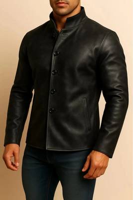 Men black lambskin leather jacket smart casual button coat 2